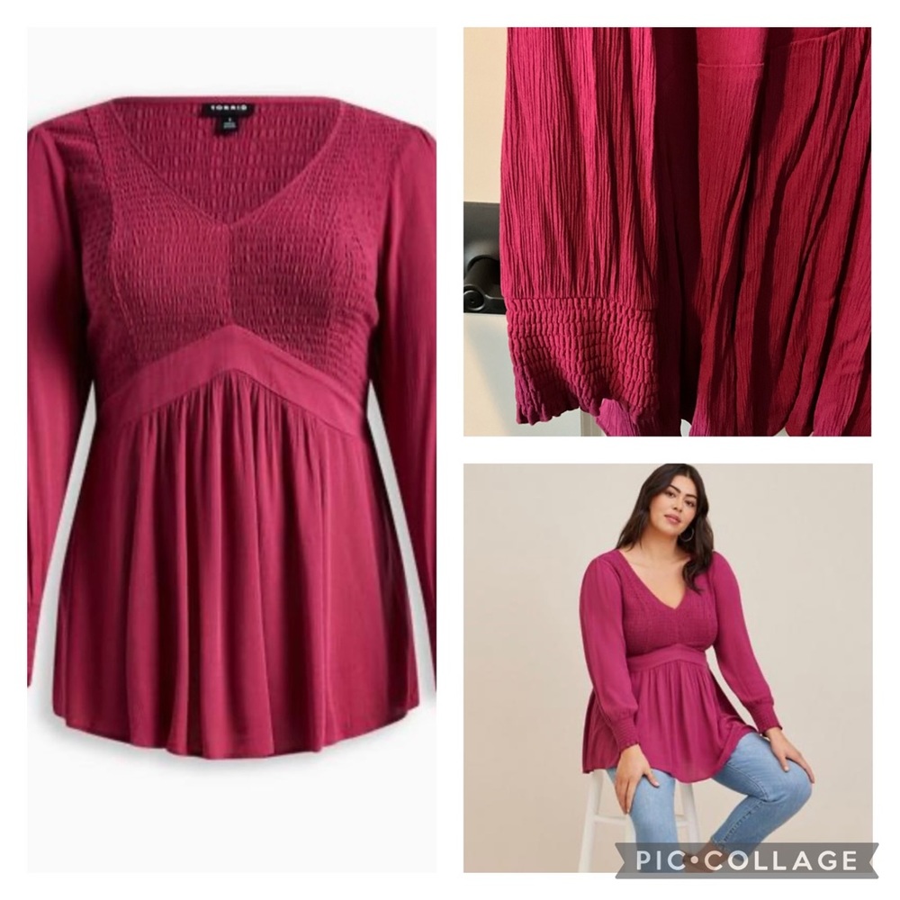 Torrid NWOT Babydoll Crinkle Gauze Smocked Top Size 4X Burgundy